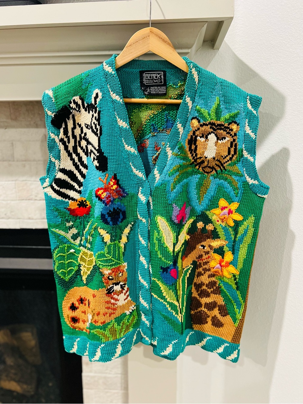 Vintage 1992 Berek Hand Knit Jungle Safari Sweater Vest Large